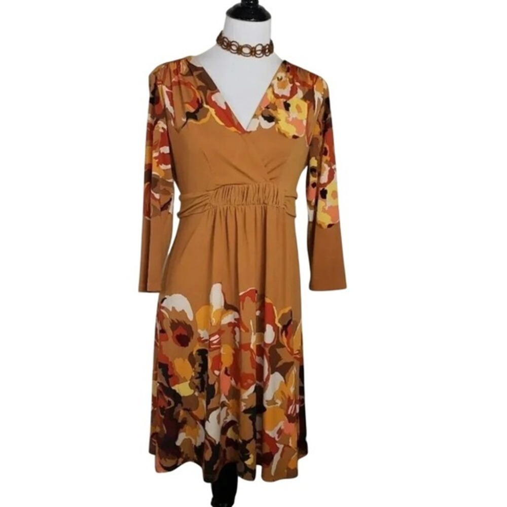 New York & Company Dress M Mustard‎ Floral Faux Wrap V-Neck 3/4 Sleeve Midi